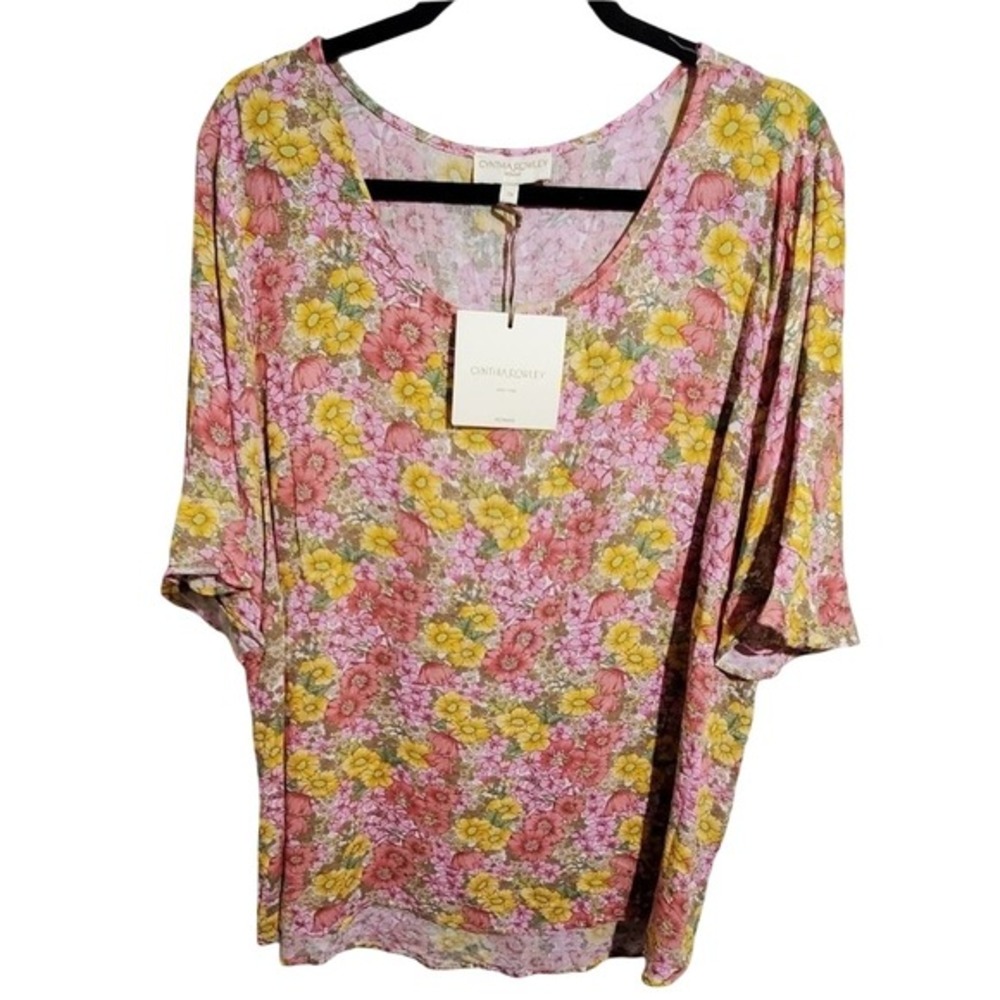 Cynthia Rowley Floral Scoop Neck Short Sleeve Blouse Pink Yellow Orange NEW 2X